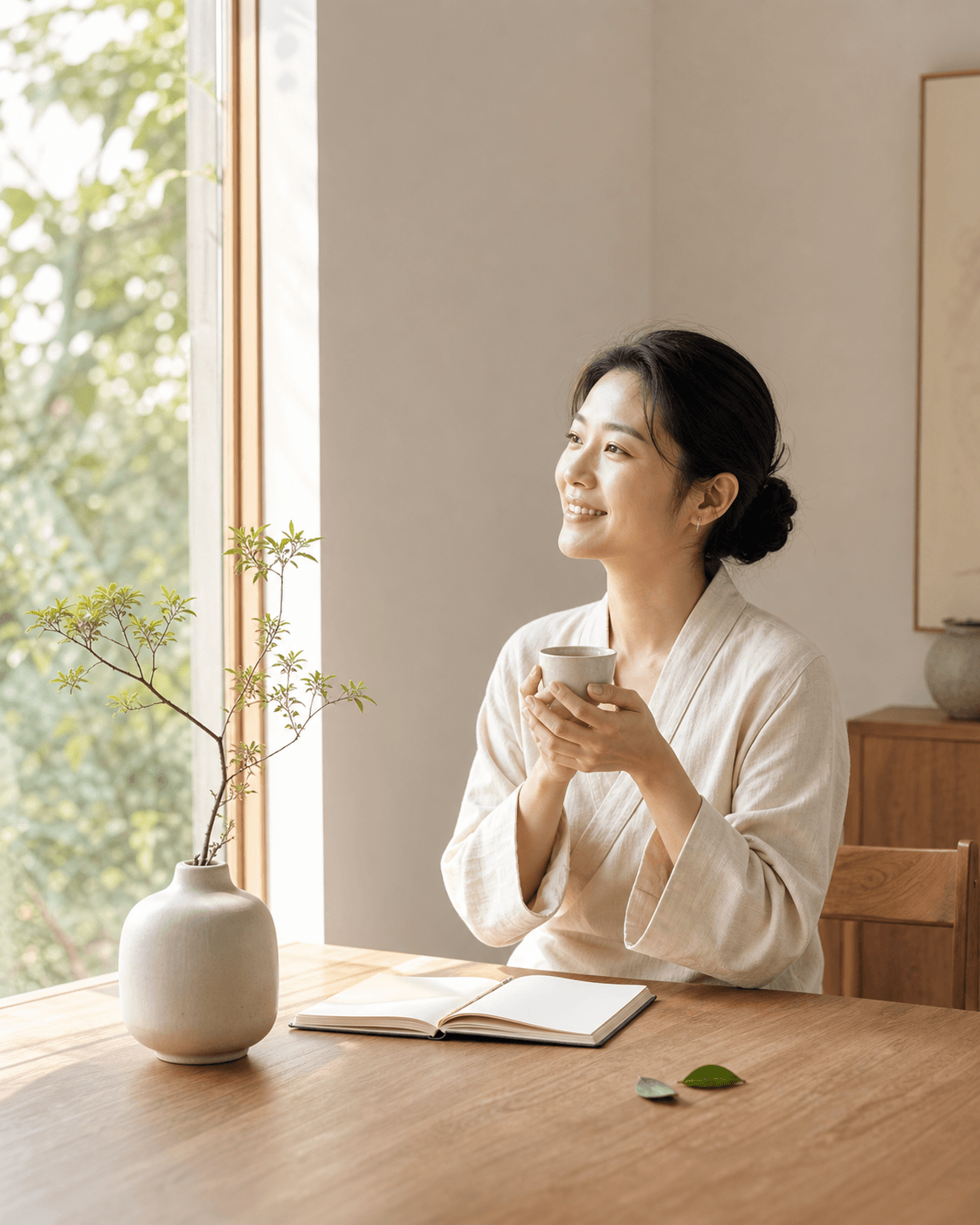 在窗边安静微笑、慢慢回到当下的女性